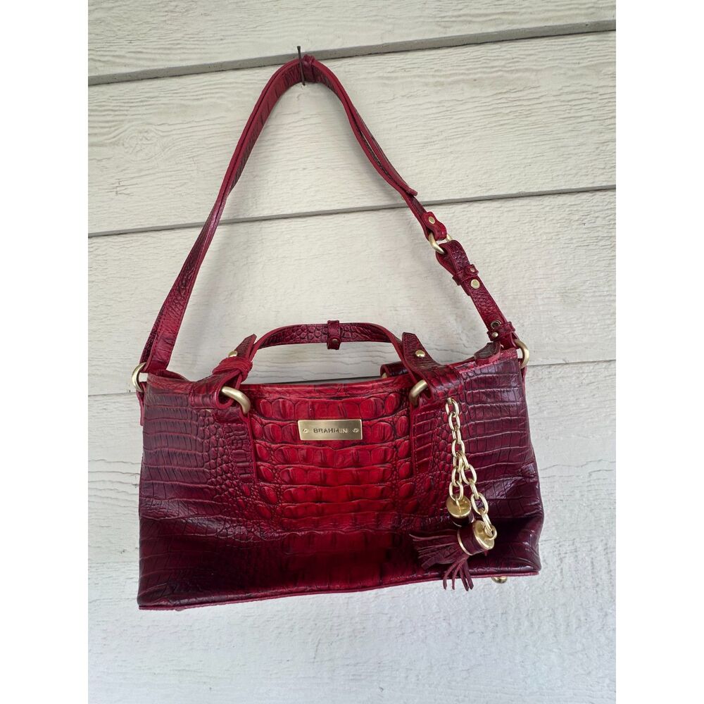 Brahmin Mini Asher Ruby Red Melbourne Croc Embossed Leather Satchel Tote Bag